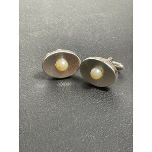 Vintage Silver-Tone Oval Cufflinks With Pearl Accent